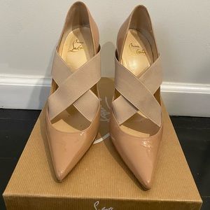 Christian Louboutin “Sharpstagram” Elastic-Cross-Strap Pumps in Patent Nude